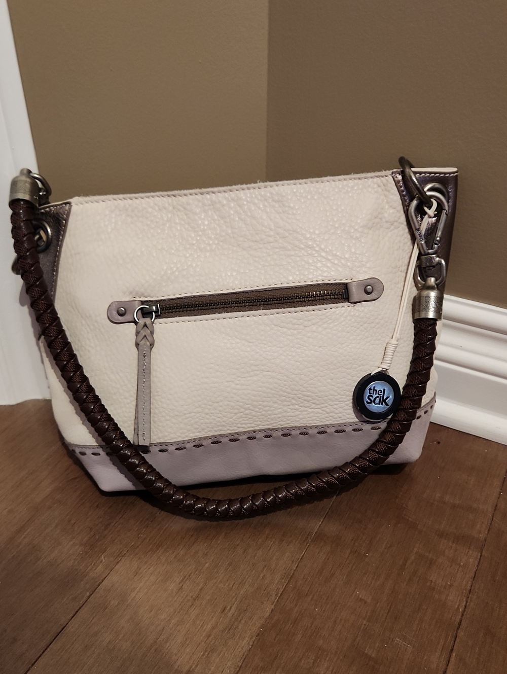 The Sak Ivory & Gret Leather Shoulder Bag with Braided Handle